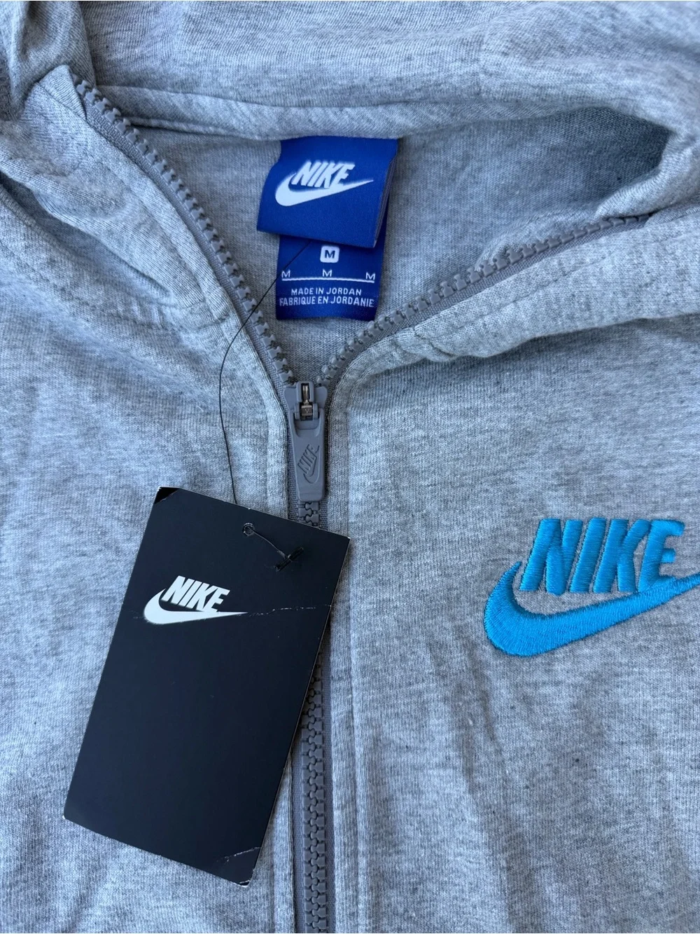 Nike Youth Heather Gray Zip-Up Hoodie with Blue Swoosh size medium NEW